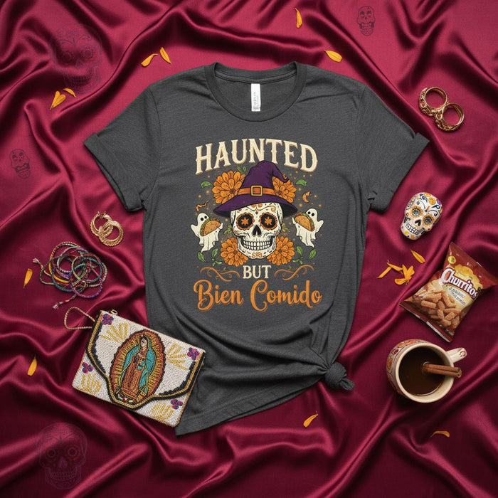 Camicia Fantasma Ben Nutrita, T-Shirt Calavera Teschio di Zucchero di Halloween, Maglietta Fantasma Divertente Stagione Spettrale, Camicia Grafica Unisex con Fiore di Calendula Giorno dei Morti