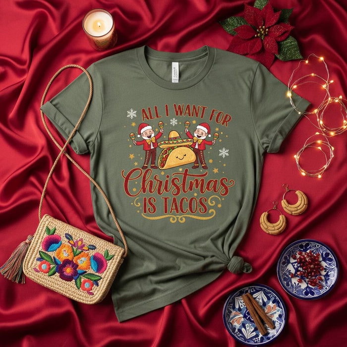 Tutto Quello Che Voglio per Natale è Tacos Maglietta, Divertente Amante dei Tacos di Natale, T-Shirt Grafica Cappelli da Babbo Natale Maracas Cibo Messicano Festivo, Maglietta Morbida Unisex Uomo Donna, Ottima Idea Regalo