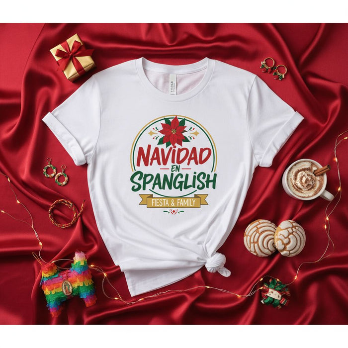 Navidad en Spanglish Fiesta & Family T-Shirt, Christmas Holiday Tee, Latino Hispanic Xmas Shirt, Dual Language Festive Celebration Gift Idea, Poinsettia Graphic Top for Men and Women