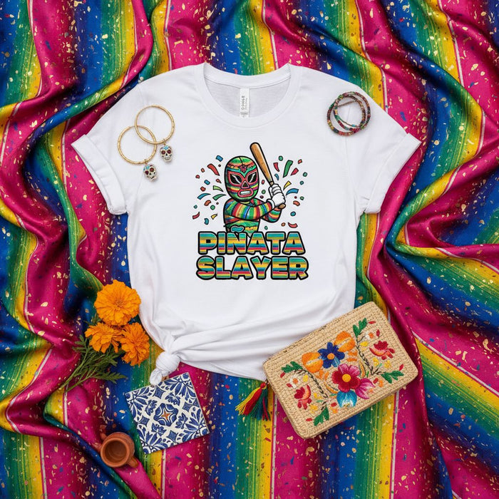 Piñata Slayer Lucha Libre Mask Wrestler T-Shirt with Bat and Confetti | Fun Mexican Party Tee | Cinco de Mayo Fiesta Shirt | Unisex Graphic Novelty Gift Top for Men and Women