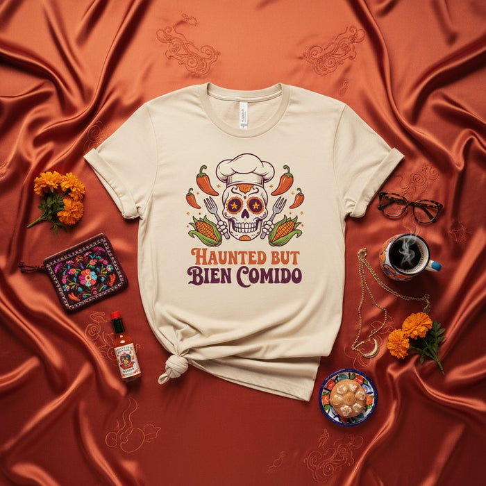 Maglietta Fantasma ma Ben Nutrito Teschio di Zucchero Chef Dia de Muertos Maglietta Cibo Messicano Regalo Divertente Cucina Grafica Spettrale Unisex