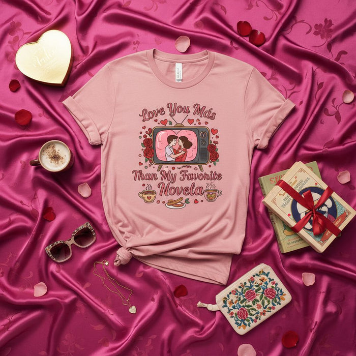 Love You Más Than My Favorite Novela T-Shirt, Romantic TV Couple Tee, Valentine's Day Shirt, Spanish Soap Opera Fan Gift, Pink Unisex Graphic Top, Cute Food & Roses Design.