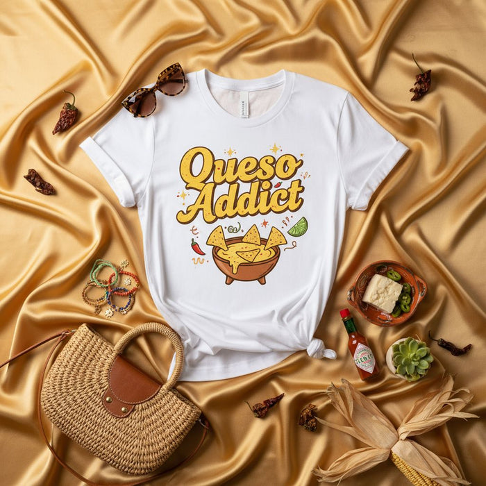 Queso Addict T-Shirt, Funny Cheese Dip and Tortilla Chip Lover Tee, Casual Unisex Graphic T-Shirt, Tex-Mex Foodie Gift Shirt, Mexican Cuisine Apparel