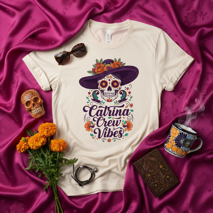 Catrina Crew Vibes Shirt Day of the Dead Sugar Skull La Catrina T-Shirt Dia de Muertos Halloween Gift Unisex Tee with Floral Sombrero Design