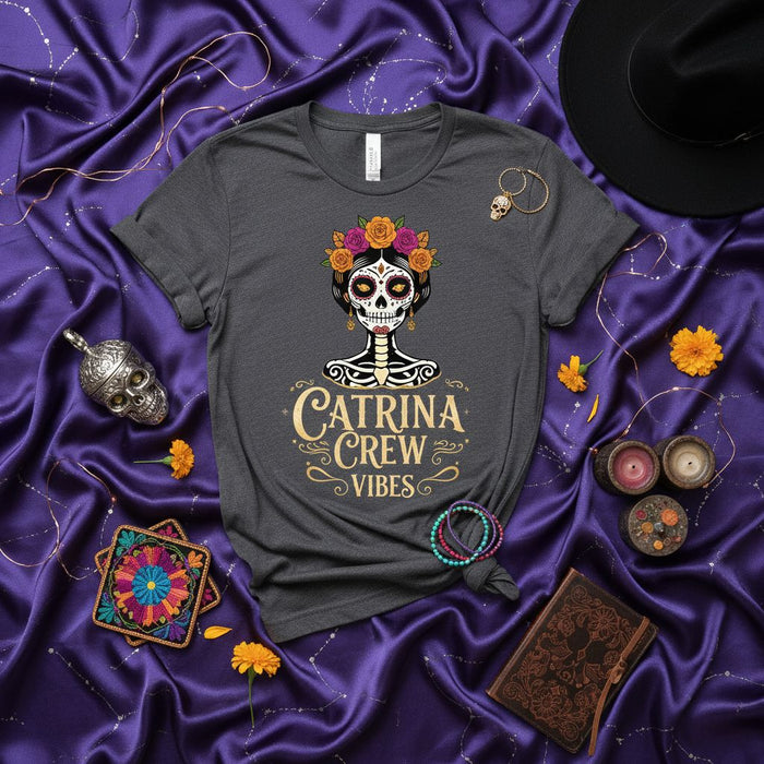 Catrina Crew Vibes Dia De Los Muertos T-Shirt, Sugar Skull Flower Crown Day of the Dead Shirt, Catrina Skeleton Halloween Costume Top, Unisex Graphic Tee, Mexican Holiday Celebration Apparel