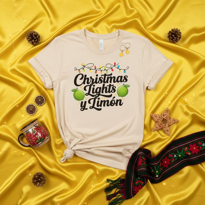 Christmas Lights y Limón Shirt, Unisex Holiday Tee with Limes, Funny Spanglish Xmas Fiesta T-Shirt, Latinx Christmas Party Apparel, Festive Gift Idea