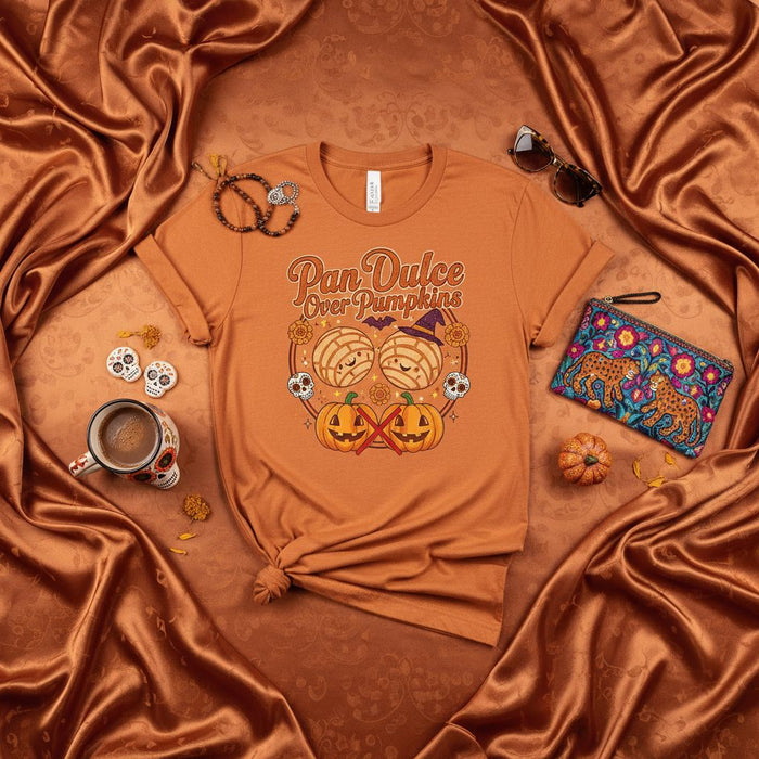 Pan Dulce Over Pumpkins T-Shirt, Conchas Sugar Skull Halloween Tee, Funny Fall Spooky Mexican Bakery Shirt, Unisex Autumn Calavera Gift Idea.