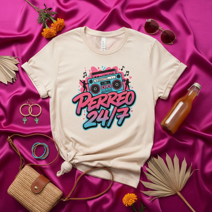 Maglietta Perreo 24/7, T-shirt Reggaeton Music Boombox, Maglia stile urbana latina, Top da festa notturna da ballo, Idea regalo T-shirt grafica unisex per uomo e donna