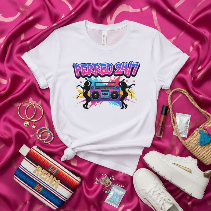 Perreo 24/7 Reggaeton T-Shirt: Fun Latin Music Dancing Tee with Boombox and Silhouette Dancers, Festival Rave Concert Outfit, Unisex Adult Graphic T-Shirt, Gift for Reggaeton Lovers