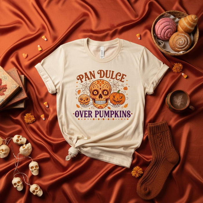 Pan Dulce Over Pumpkins Sugar Skull Dia De Muertos Shirt, Concha Bread Halloween T-Shirt, Mexican Fall Fiesta Unisex Tee, Calavera Day of the Dead Apparel
