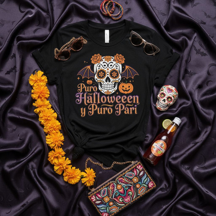 Puro Halloween y Puro Pāri T-Shirt, Sugar Skull Día de Muertos Halloween Party Shirt, Calavera with Bat Wings and Marigolds Unisex Tee