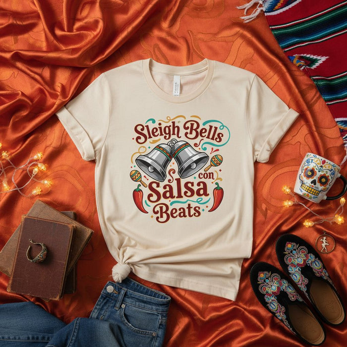 Sleigh Bells con Salsa Beats Shirt Christmas Fiesta T-Shirt Funny Mexican Holiday Bells Dancing Tee Unisex Graphic Apparel Latin Music Lover Gift Idea Festival Outfit