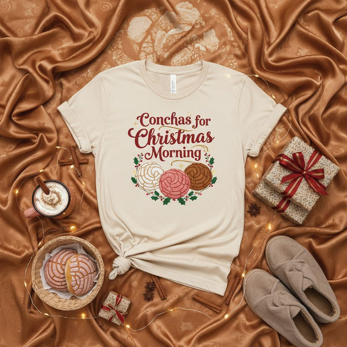 Conchas for Christmas Morning Shirt, Pastel Mexican Sweet Bread T-Shirt, Pan Dulce Holiday Tee, Cozy Concha Lover Gift, Unisex Christmas Pajama Top