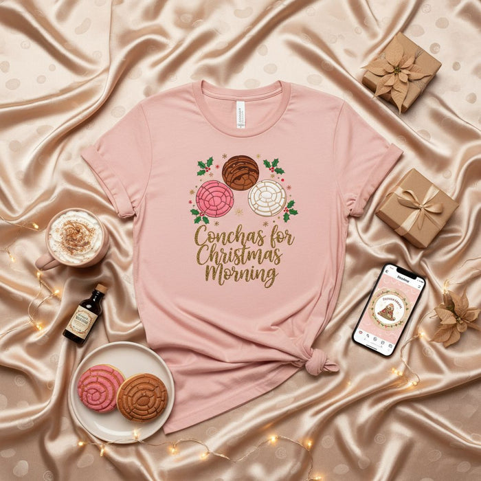 Conchas for Christmas Morning Shirt, Mexican Pan Dulce Tee, Holiday Pastry Top, Cute Pink Concha T-Shirt, Pastel Goth Bakery Shirt, Unisex Gift for Concha Lover, X-Mas Family PJs Matching T-Shirt
