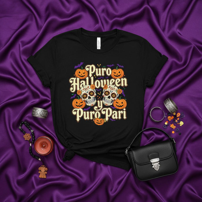 Puro Halloween y Puro Pari Sugar Skull T-Shirt, Spooky Day of the Dead Shirt, Funny Halloween Fiesta Tee, Calavera Pumpkin Bats Shirt, Unisex Graphic Tee Gift