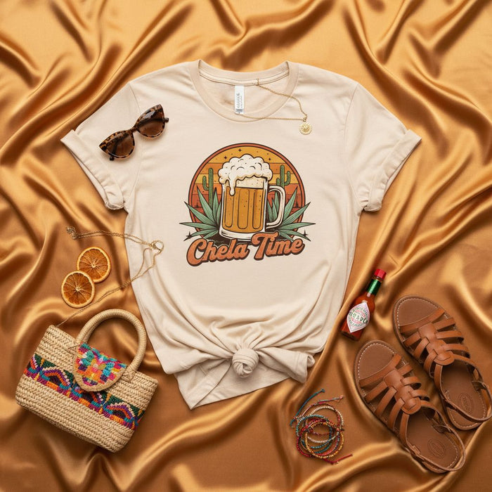 Chelada Time Retro Beer T-Shirt, Mexican Cerveza Drink Tee, Fun Fiesta Top, Desert Cactus Sunset Graphic Shirt, Unisex Adult Casual Wear