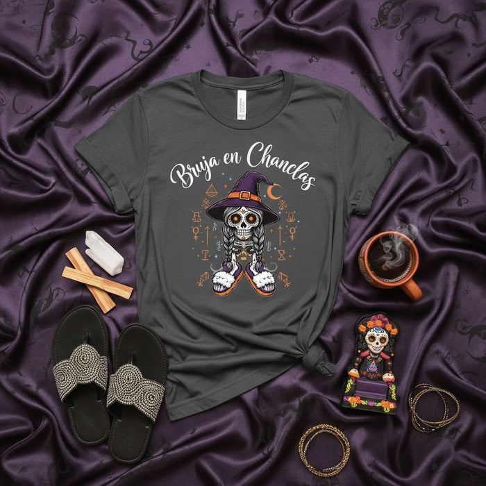 Bruja en Chanclas Sugar Skull Witch T-Shirt, Día de Muertos Halloween Tee, Latina Witch Wearing Slippers, Spooky Season Graphic Shirt for Women & Men