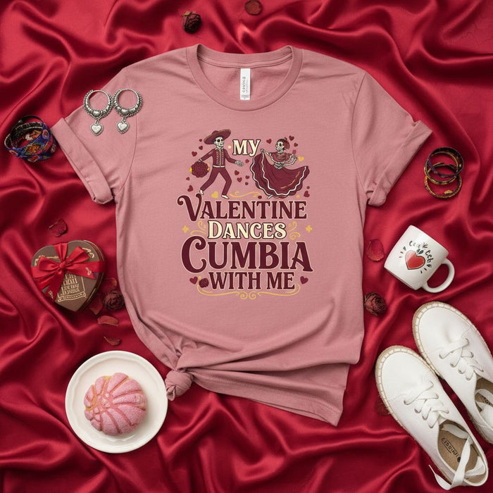 Maglietta Il Mio San Valentino Balla Cumbia Con Me, Maglia Scheletri Ballerini Cumbia Dia de los Muertos, T-Shirt San Valentino Squeletri, Regalo Ballerino Cumbia, Maglietta Canzone d'Amore Spagnola, Abbigliamento Danza Fiesta Latino