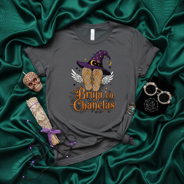 Bruja en Chanclas Shirt, Halloween Witch Flip Flops T-Shirt, Sparkling Glitter Sandals, Funny Spanglish Latina Bruja Tee, Witchy Vacation Summer Beach Shirt, Spooky Season Gift Idea, Women's Men's Unisex T-shirt