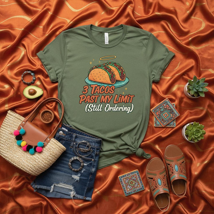 3 Tacos Después de Mi Límite (Sigo Ordenando) Camiseta Divertida, Playera Gráfica para Amantes de los Tacos, Camisa Unisex para Foodies, Ropa de Comida Mexicana Humorística, Linda Camisa de Tacos con Halo