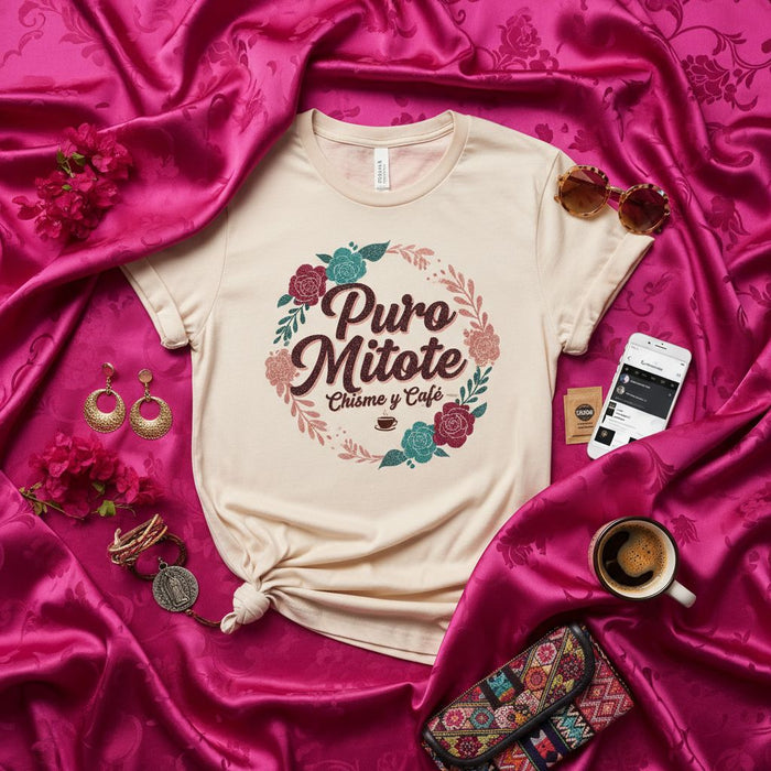 Puro Mitote Chisme y Café T-Shirt, Unisex Tee with Floral Wreath Graphic, Funny Spanish Phrase Shirt for Coffee Lovers, Latinx Pride Apparel
