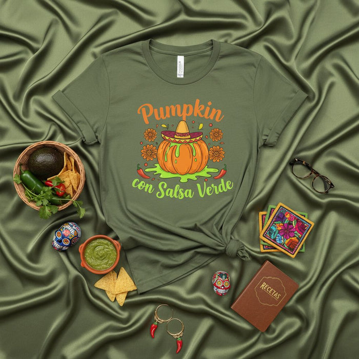 Pumpkin con Salsa Verde Halloween Mexican Fiesta T-Shirt Unisex, Funny Spooky Season Fall Tee with Sombrero and Chiles, Day of the Dead Skulls Decor, Cinco de Mayo Style Graphic
