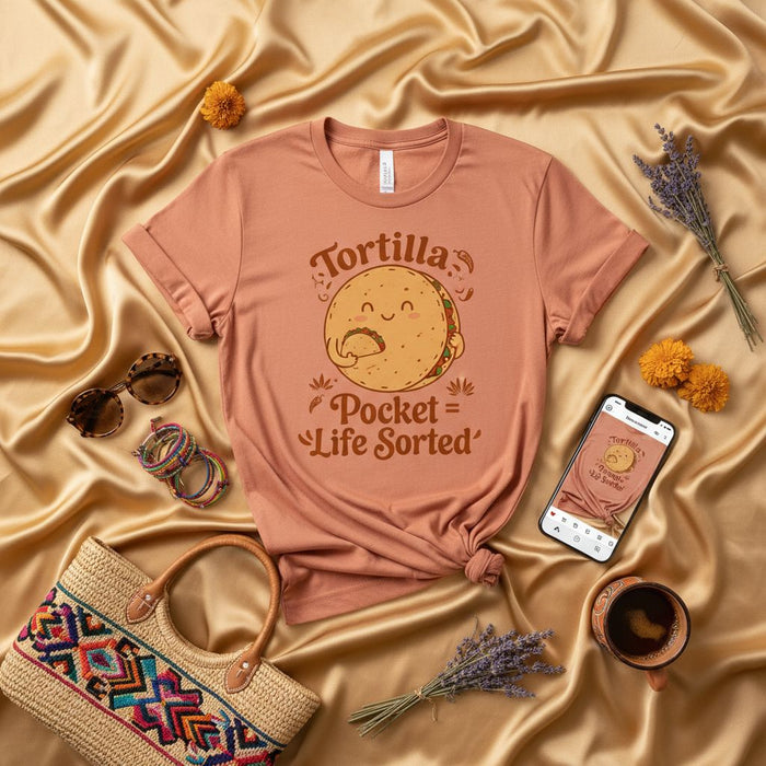 Tortilla Pocket Life Sorted T-Shirt: Cute Smiling Taco Eating Tortilla Graphic Tee, Funny Food Lover Shirt, Unisex Casual Apparel for Mexican Food Fans