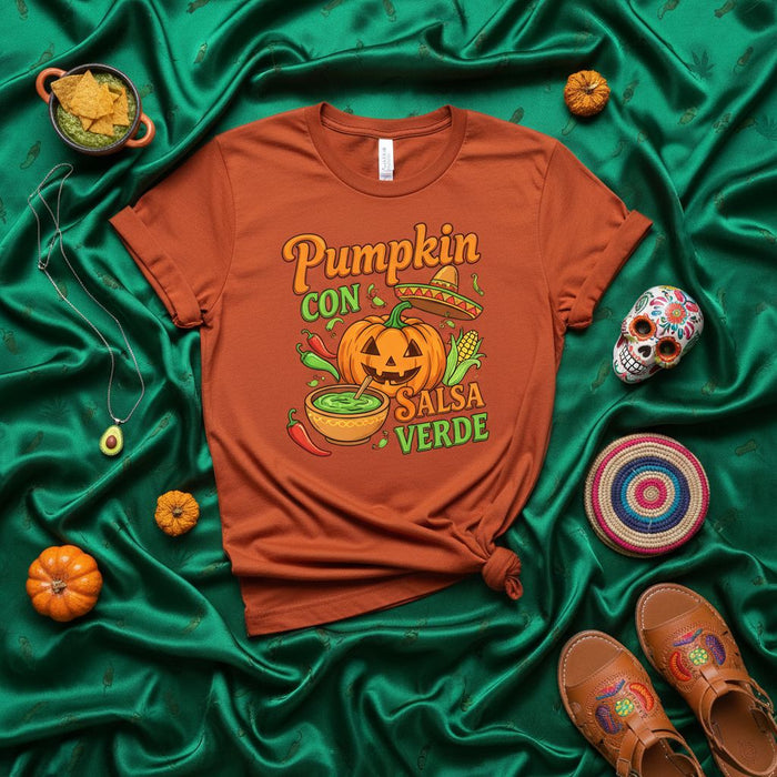 Pumpkin con Salsa Verde Halloween T-Shirt, Funny Spanglish Pumpkin and Hot Sauce Graphic Tee, Mexican Day of the Dead Sugar Skull Fall Season Unisex Shirt