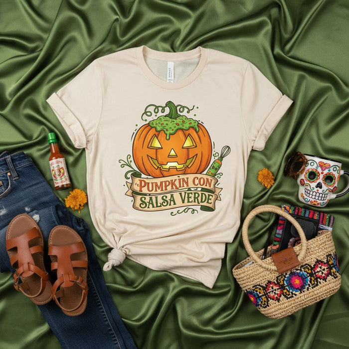 Pumpkin con Salsa Verde T-Shirt, Funny Halloween Jack-o'-Lantern Tee, Spooky Season Graphic Shirt, Mexican Food Humor Top, Unisex Fall Apparel for Men and Women