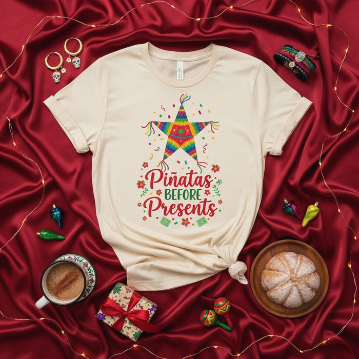 Piñatas Before Presents T-Shirt, Christmas Mexican Fiesta Tee, Posadas Holiday Shirt, Colorful Star Piñata Graphic Top, Unisex Xmas Celebration Gift