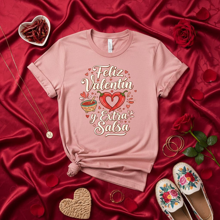 Camiseta Feliz San Valentín y Extra Salsa, Picante de San Valentín, Corazón de Amor Español, Camisa Divertida Cinco de Mayo, Regalo para Ella Él