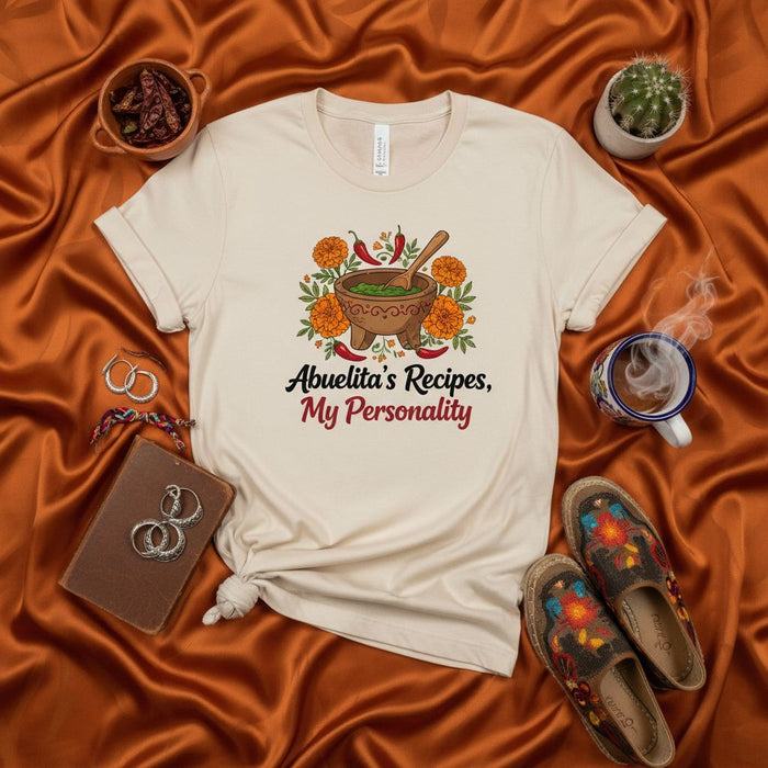 Abuelita's Recipes, My Personality T-Shirt | Mexican Molcajete Marigold Flowers Chili Pepper Shirt | Funny Latina Grandparent Cooking Gift Tee