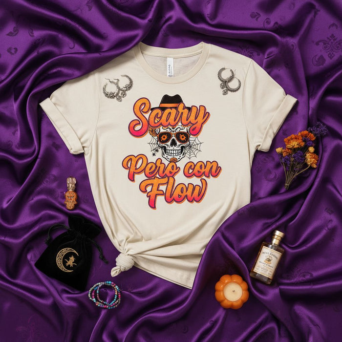 Scary Pero Con Flow T-Shirt, Spanglish Halloween Shirt, Sugar Skull with Fedora and Spiderweb Graphic Tee, Day of the Dead Skeleton Design, Unisex Fall Holiday Apparel