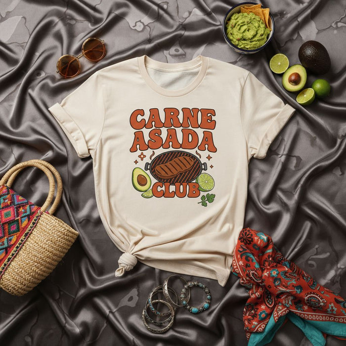 Carne Asada Club T-Shirt, Retro Groovy Graphic Tee, Unisex Funny BBQ Grill Shirt, Mexican Food Lover Gift, Summer Cookout Party Apparel