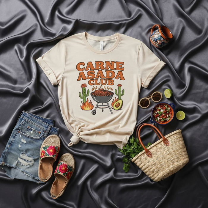 Carne Asada Club Shirt, Unisex Mexican Fiesta BBQ T-Shirt, Cinco de Mayo Cookout Tee, Funny Summer Grill Party Apparel with Cacti and Avocado Graphic