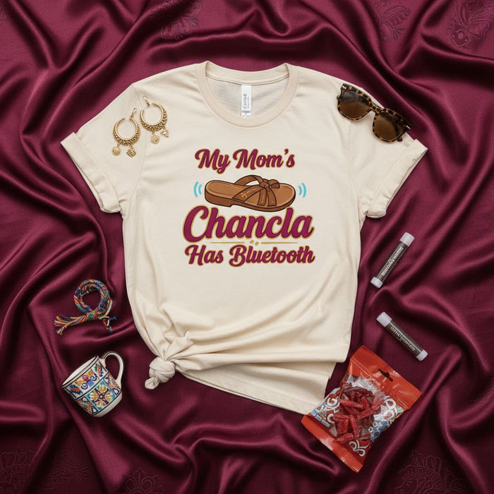My Mom's Chancla Has Bluetooth Funny Hispanic Mom Shirt, Latinx Culture Gift Tee, Humorous Saying T-Shirt, Mother's Day Apparel for Latina Mom, The Flying Slipper Joke Top.