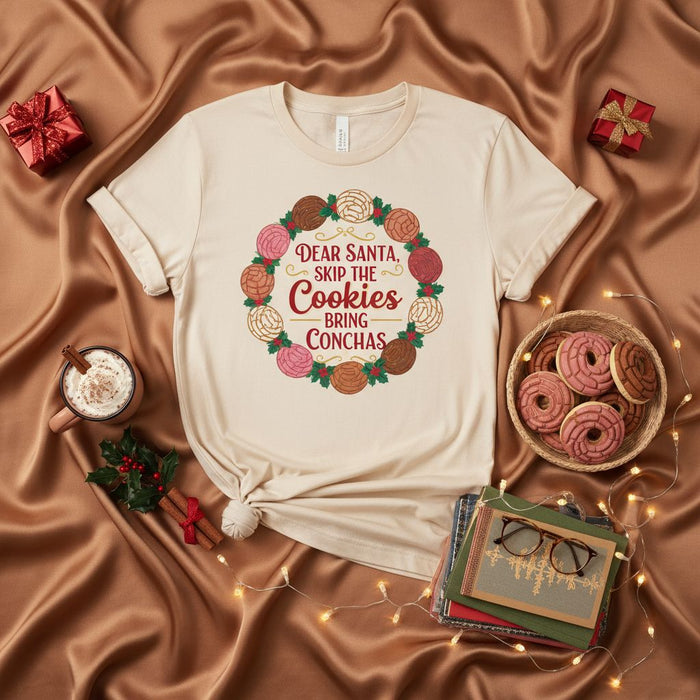 Dear Santa, Skip The Cookies Bring Conchas, Christmas Concha Wreath Unisex T-Shirt, Mexican Pan Dulce Holiday Tee, Latina Gift Idea, Funny Spanish Xmas Shirt