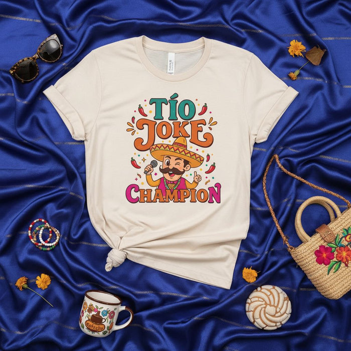 Tío Joke Champion Shirt, Funny Spanish Uncle Gift Tee, Tío Humor Graphic T-Shirt, Fiesta Mexican Dad Joke Top, Sombrero Character with Microphone Chili Peppers Clothing