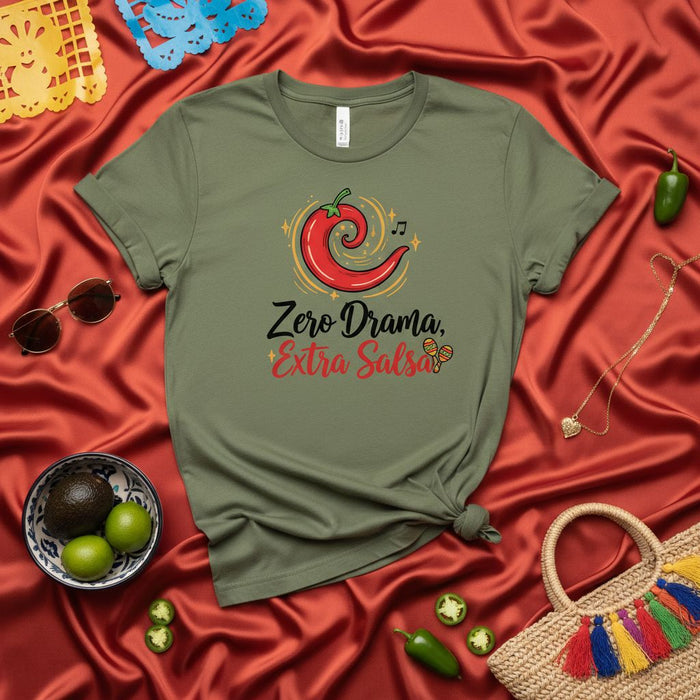 Zero Drama Extra Salsa Shirt, Red Chili Pepper Graphic Tee, Funny Mexican Food and Spice Lover Unisex T-Shirt, Fiesta Party Apparel