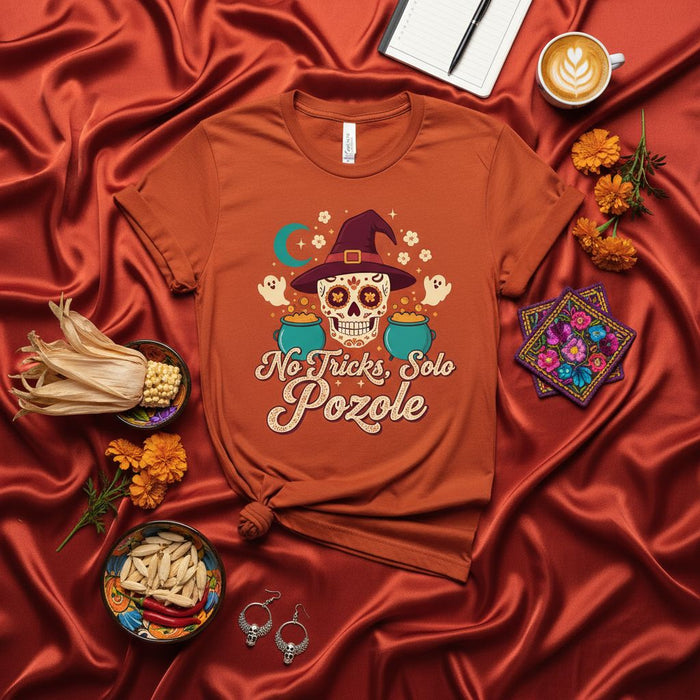 No Tricks, Solo Pozole T-Shirt, Día de Muertos Sugar Skull Witch Hat Tee, Funny Mexican Food Halloween Shirt, Unisex Fall Fiesta Holiday Gift