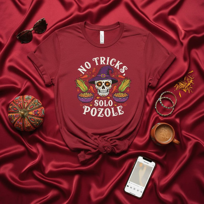 No Tricks Solo Pozole Shirt, Halloween Day of the Dead Sugar Skull T-Shirt, Funny Fall Foodie Tee, Mexican Comfort Food Gift, Unisex Graphic Apparel.
