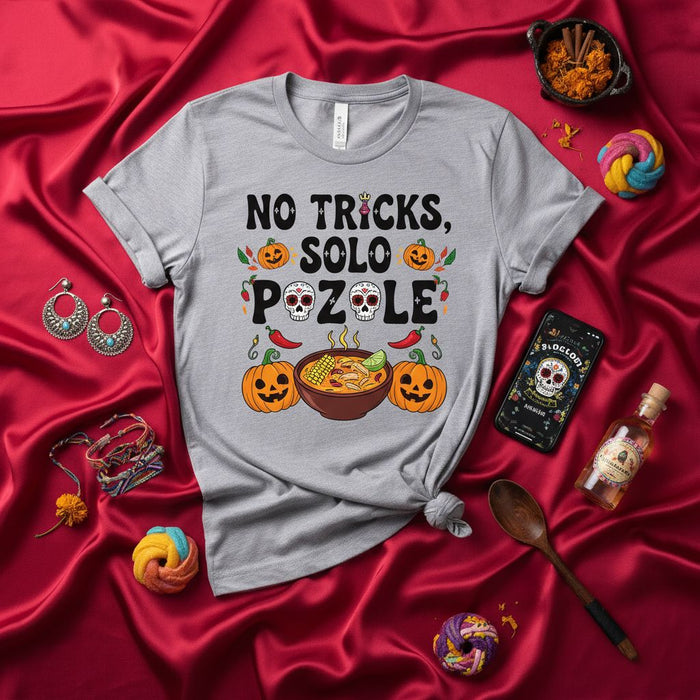 No Tricks Solo Pozole Shirt, Halloween Day of the Dead Pozole Lover T-Shirt, Sugar Skull Pumpkin Chili Fall Foodie Unisex Tee, Dia de Muertos Gift Idea