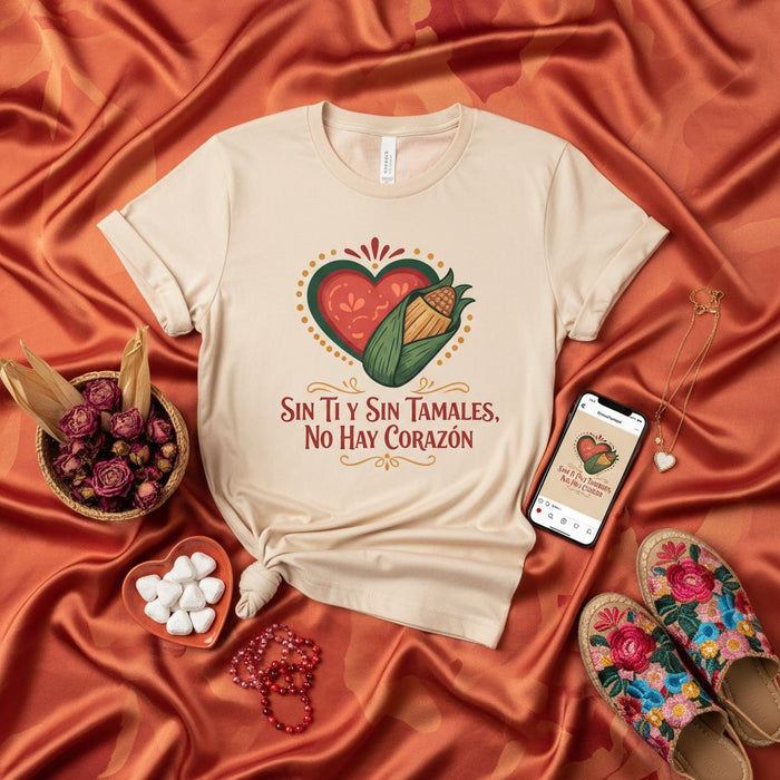 Sin Ti Y Sin Tamales, No Hay Corazón Hispanic Foodie T-Shirt, Funny Spanish Corn Tamale Shirt, Cute Heart Design, Unisex Beige Short Sleeve Tee, Cultural Gift Idea for Tamal Lover