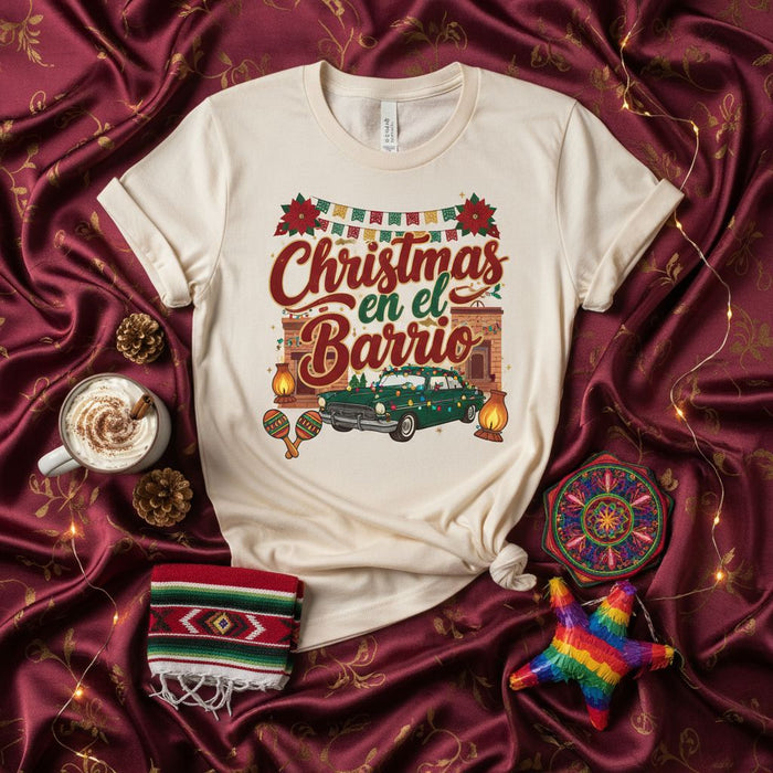 Christmas en el Barrio Shirt, Vintage Lowrider Car Navidad Tee, Mexican Fiesta Holiday Family Matching T-Shirt, Poinsettia Banner Xmas Gift Idea, Spanish Christmas Celebration Apparel