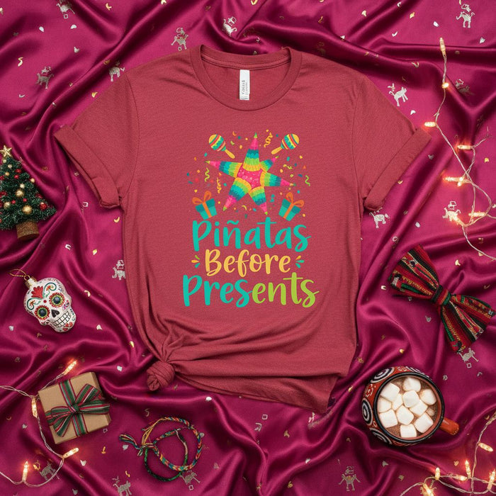 Piñatas Before Presents Christmas Shirt, Funny Holiday Fiesta Tee, Cinco de Mayo Party T-Shirt, Mexican Star Pinata and Maracas Graphic Gift