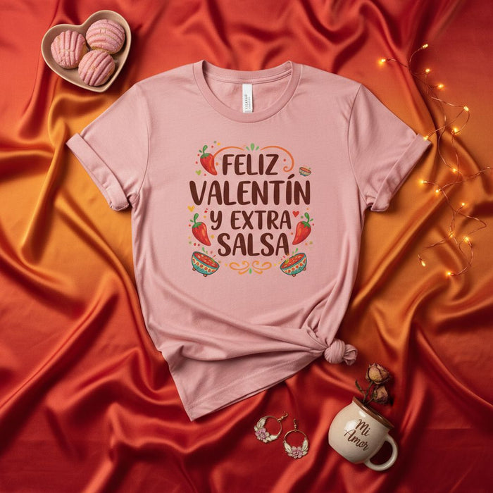 Feliz Valentín Y Extra Salsa T-Shirt, Funny Valentine's Day Shirt, Spanish Love Quote Tee, Mexican Food Lover Gift, Unisex Holiday Apparel, Cute Graphic Shirt for Her or Him, Spicy Chili Pepper Design