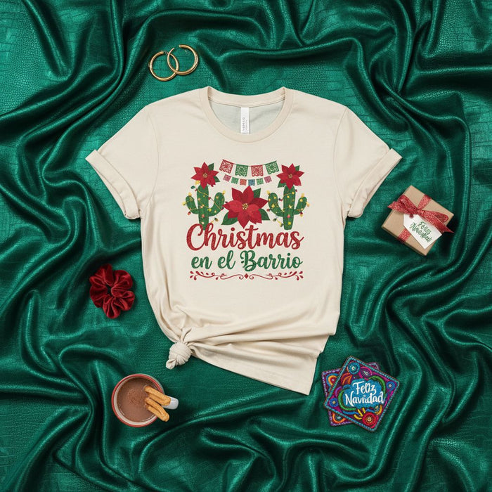 Christmas En El Barrio Shirt, Feliz Navidad Poinsettia Cactus T-Shirt, Spanish English Holiday Tee, Merry Christmas in the Neighborhood Latinx Gift, Festive Fiesta Style