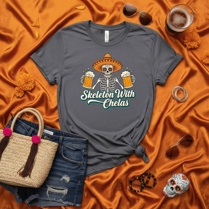 Skeleton With Chelas Day of the Dead Shirt, Funny Drinking Skeleton Sombrero T-Shirt, Dia de Muertos Beer Lover Tee, Halloween Party Gift for Men Women