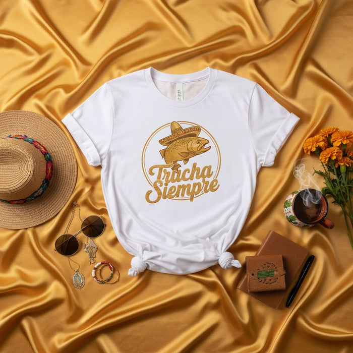 Tr\*ucha Siempre\* Mexican Sombrero Fish T-Shirt, Funny Hispanic Fishing Tee, Spanish Angler Gift, Latinx Fisherman Apparel, Day of the Dead Shirt, Cinco de Mayo Outfit, Trout Lover Graphic T-Shirt