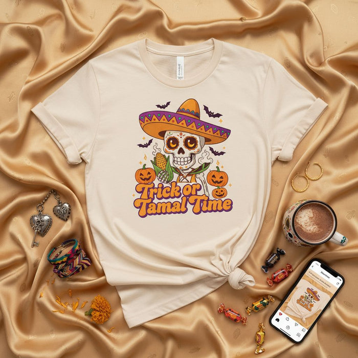 Trick or Tamal Time Shirt, Halloween Sombrero Skull T-Shirt, Day of the Dead Sugar Skull, Tamales Lover Gift, Fall Fiesta Shirt, Unisex Graphic Tee